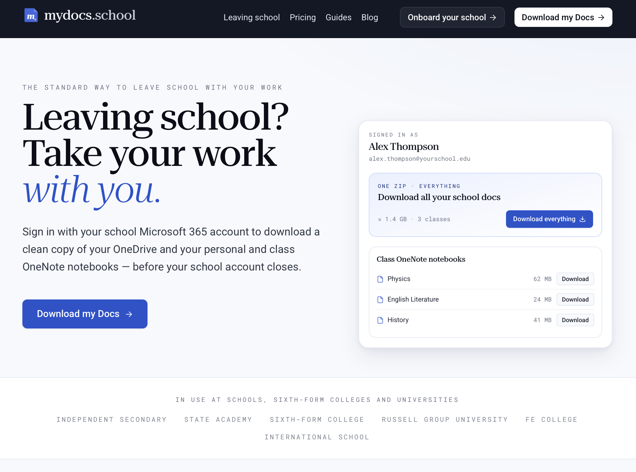 MyDocs.School — self-service student data export for Microsoft 365 schools